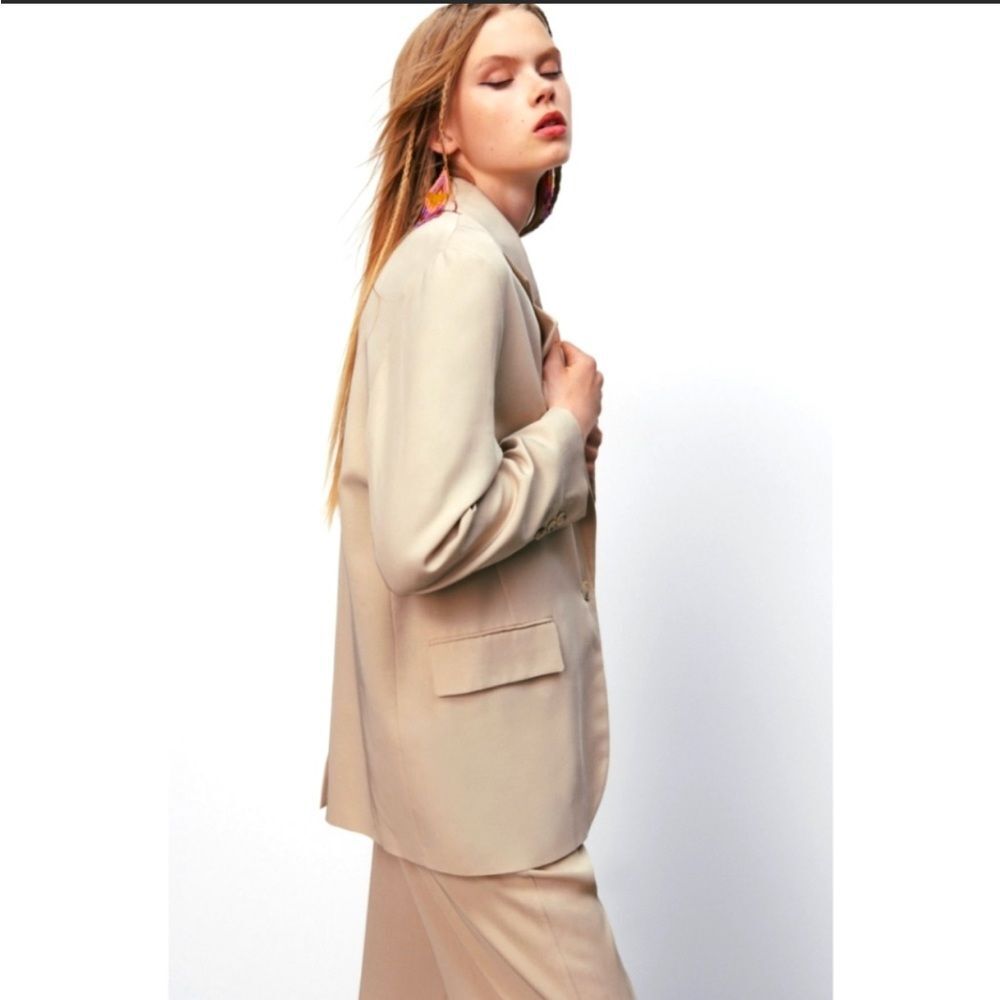 ZARA NEW Women's Size Beige One-Buttoned Long Sleeve Oversized Blazer Jacket Tan - Picture 4 of 15